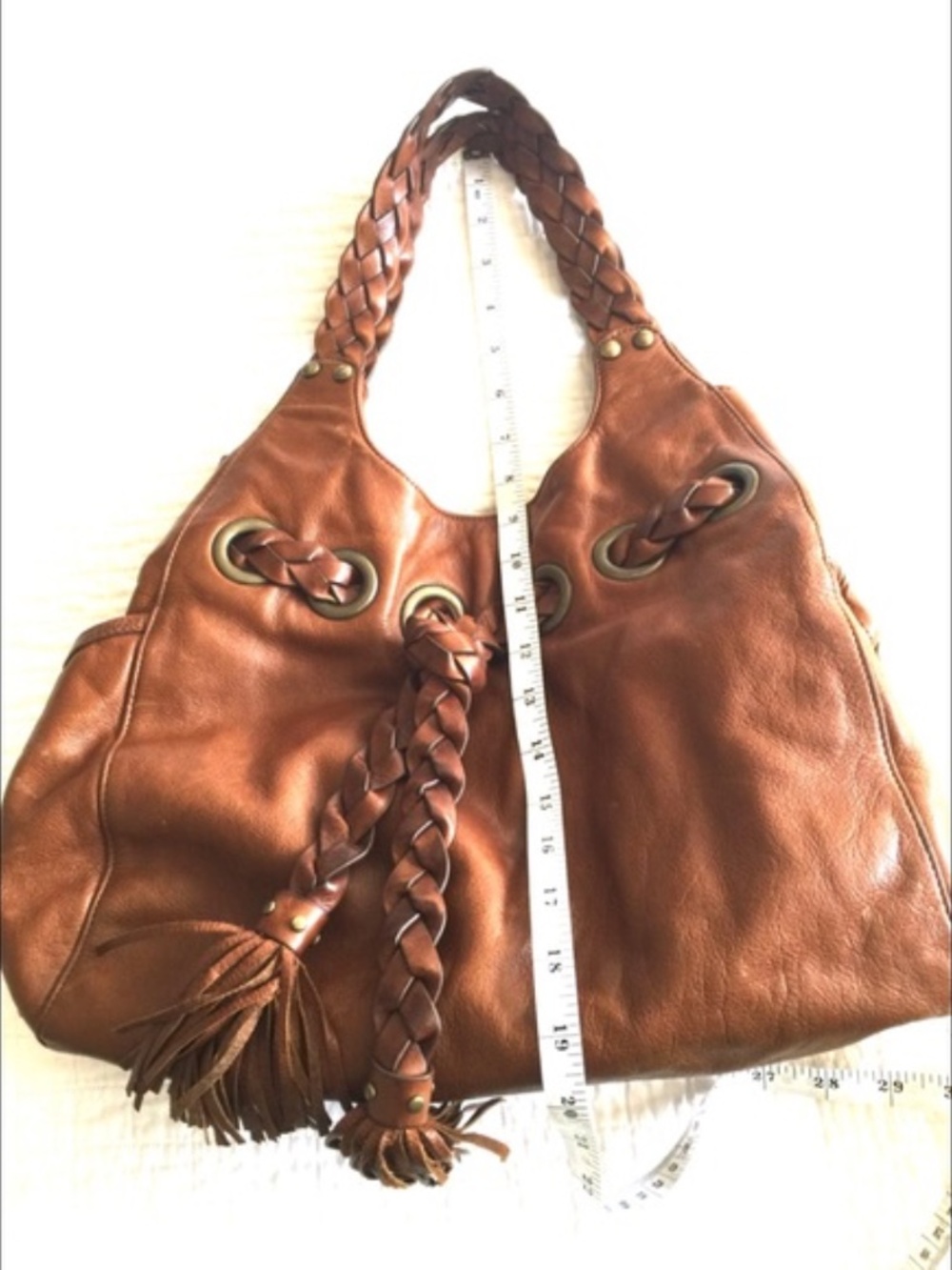 Kooba “Carla” light brown leather shoulder bag w/braiding detail & side pockets - Picture 12 of 12